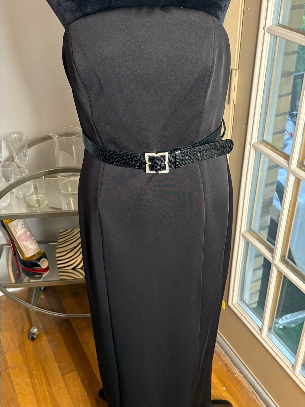 BCBG Strapless Black Evening Gown with Buckle Belt